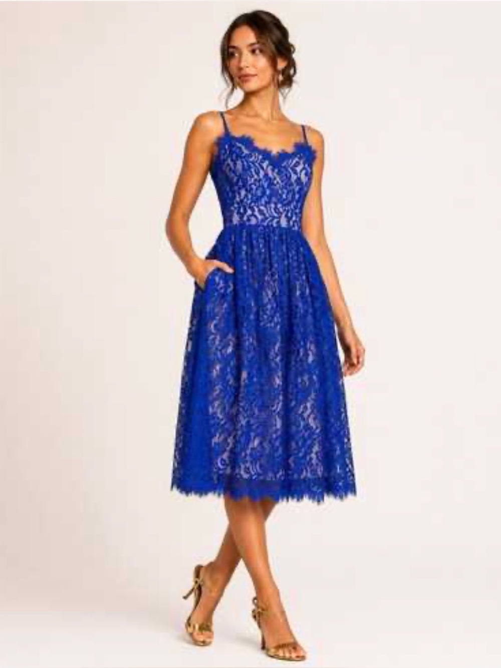Eliza J size 12 Cobalt Blue Lace Midi Dress Spaghetti Strap Pockets Semi Formal‎ - Picture 14 of 14